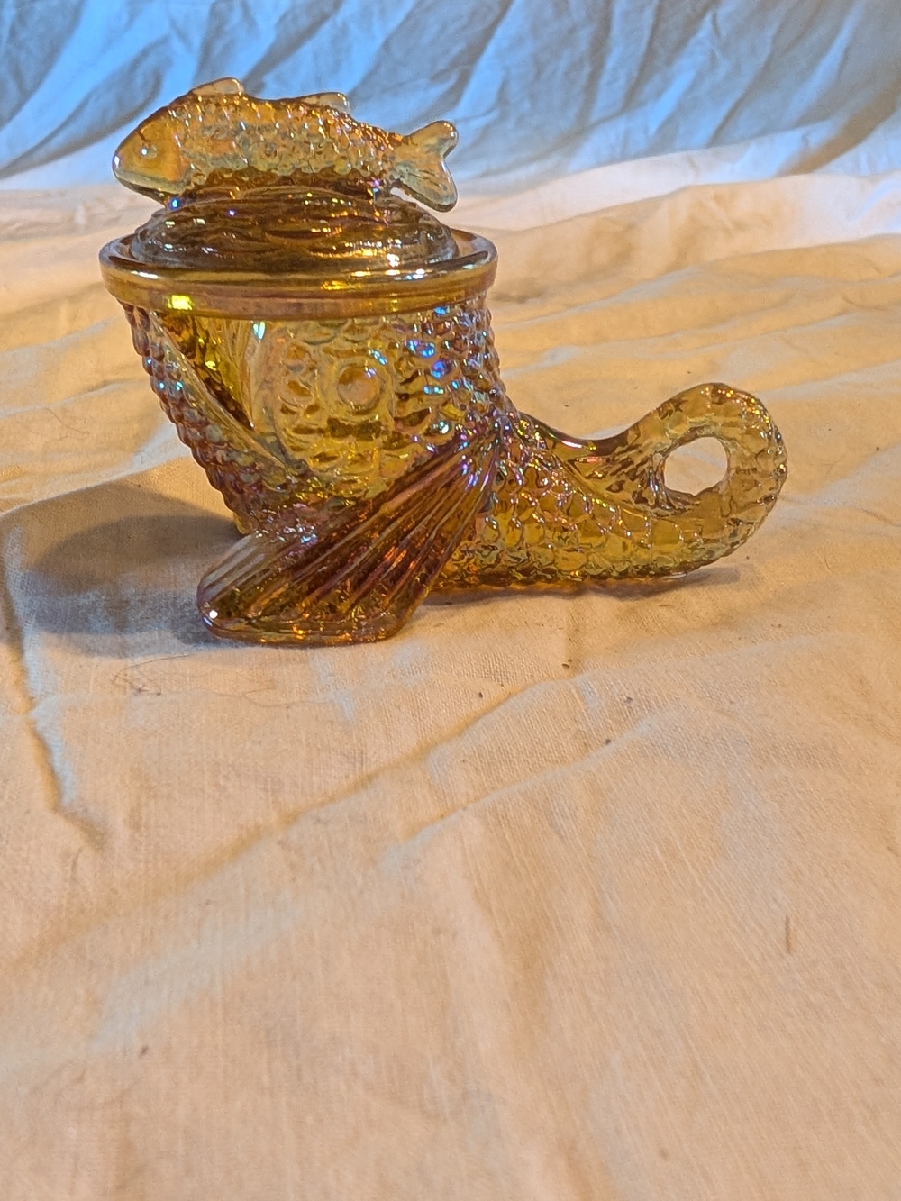 2/60$ Vintage Pisello Amber Iridescent Glass Fish trinket Dish with Lid